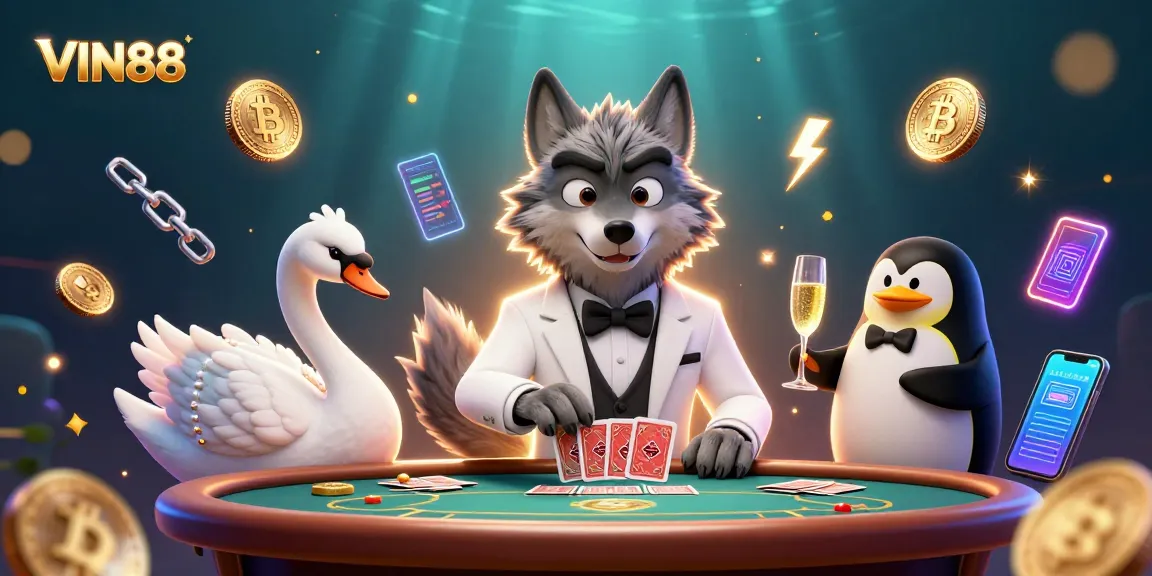 Experience the thrilling world of VIN88 gaming with a debonair wolf and elegant characters at a baccarat table.