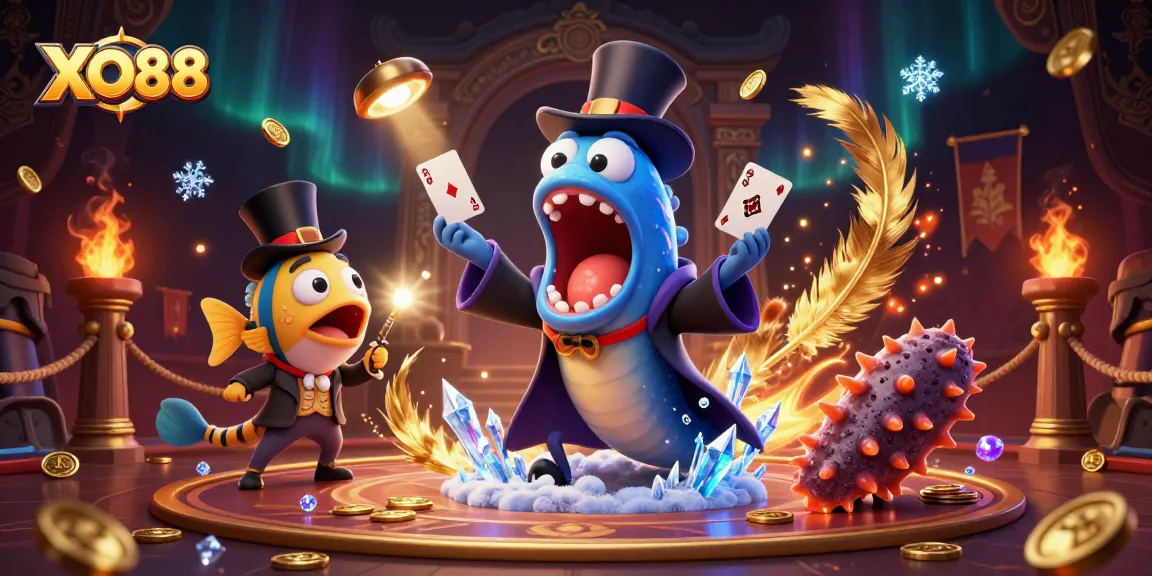 Engage with the thrill of XO88 as magical sea creatures unfold card tricks amid swirling betting tokens.
