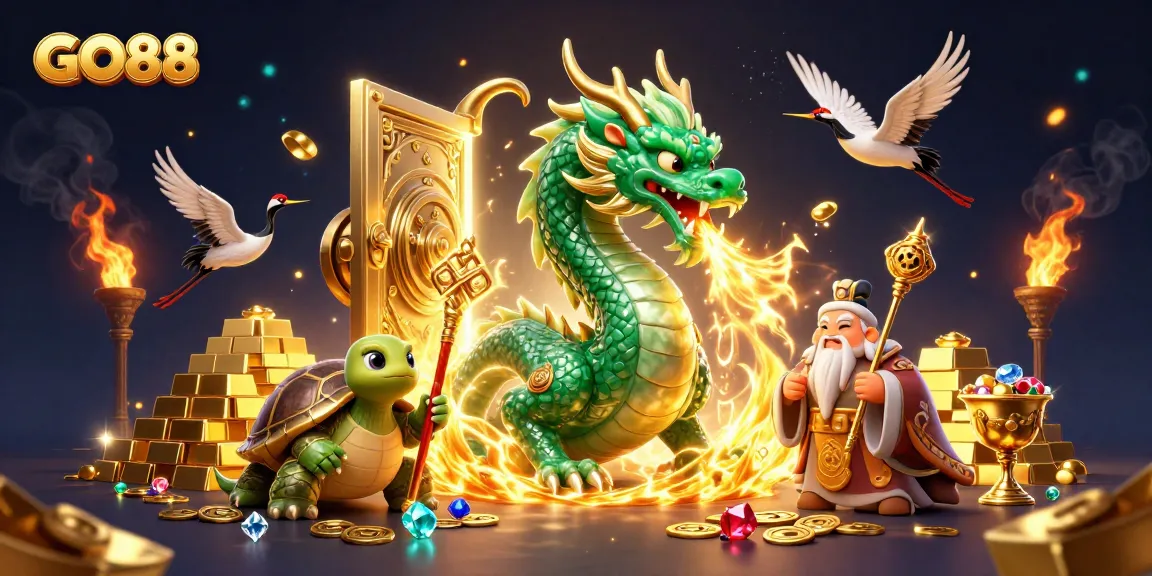 Experience GO88's vibrant gaming world with dragons, jewels, and dynamic casino elements.