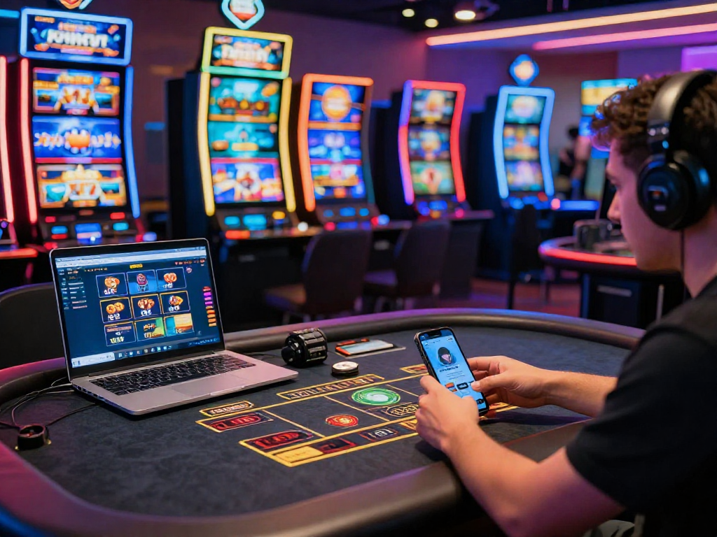 Un giocatore che si diverte nei casino non AAMS, circondato da slot colorate e un tavolo con un dealer dal vivo.