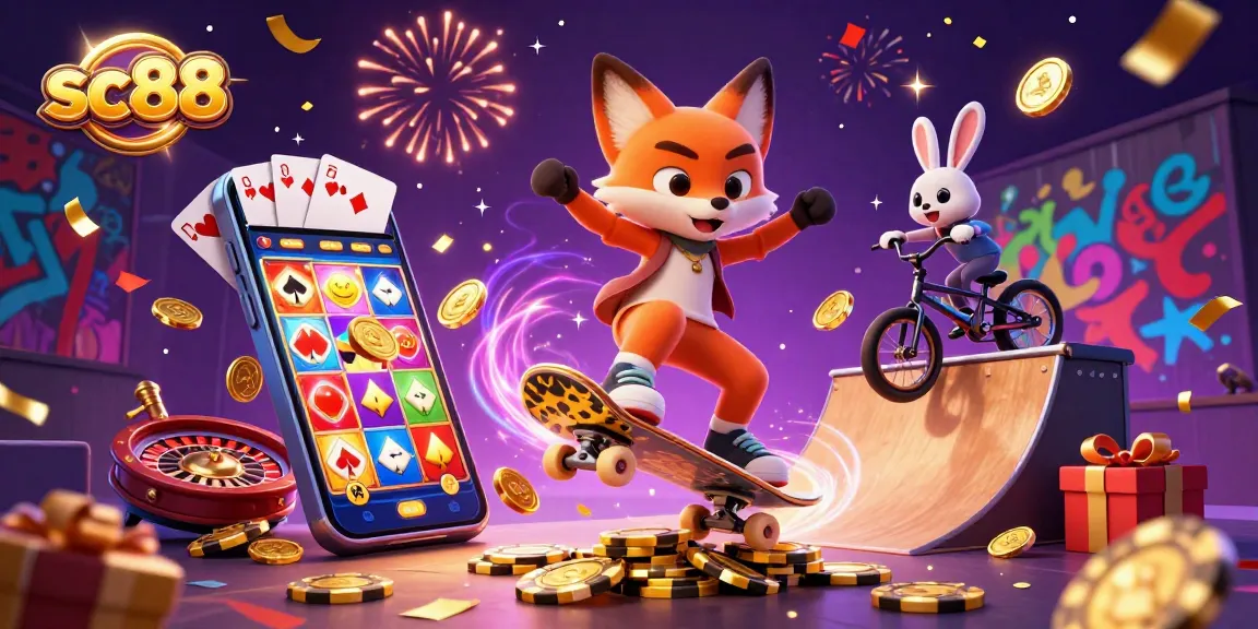 Experience thrilling gameplay at sc88 with dynamic characters and casino-themed elements in a vibrant 3D scene.