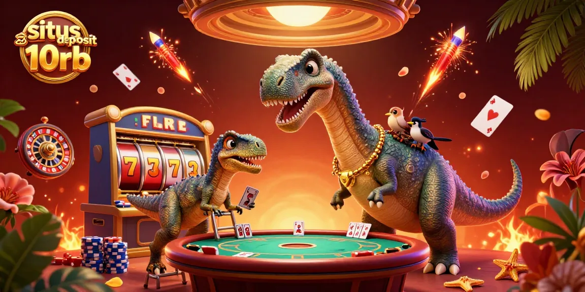 Experience the excitement of situs deposit 10rb with a dynamic casino scene featuring a brontosaurus and raptor