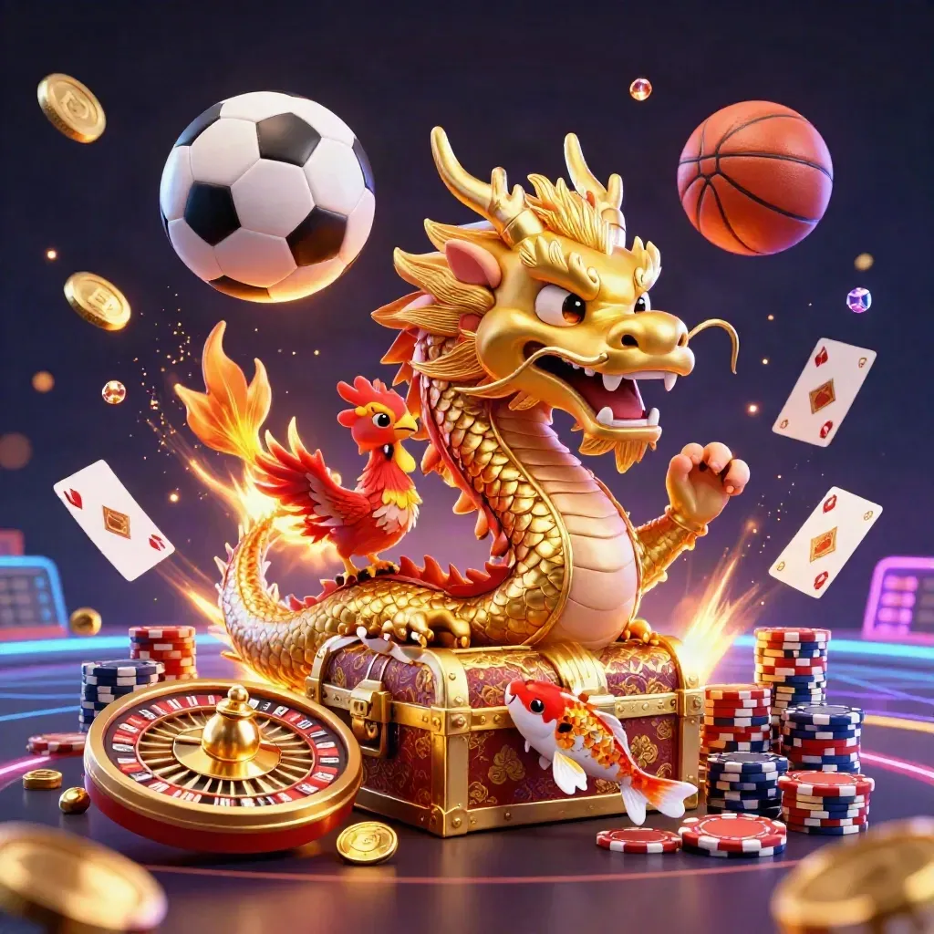 Golden dragon, phoenix and koi amid casino chips, coins and neon sports gear