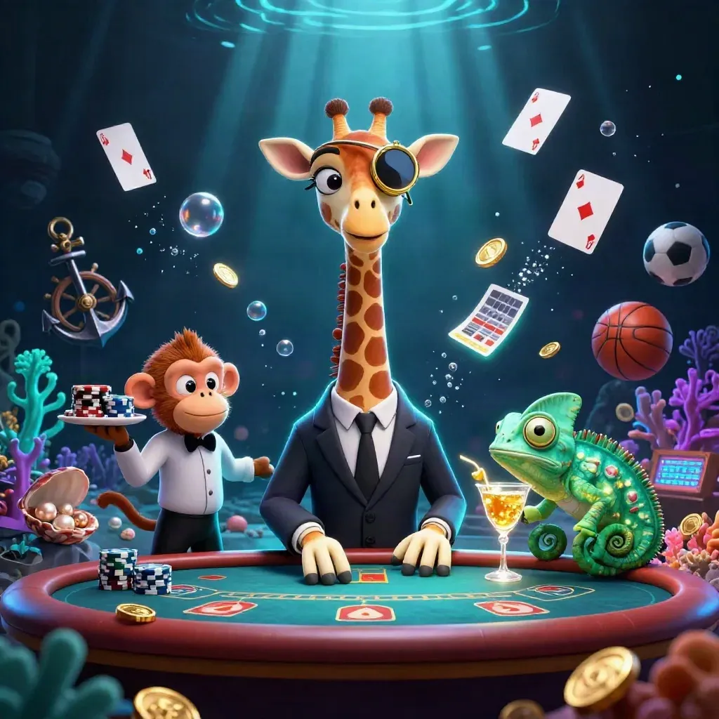 Giraffe, monkey, and chameleon in an underwater casino blaze with gold, coral, bubbles, and neon glow.