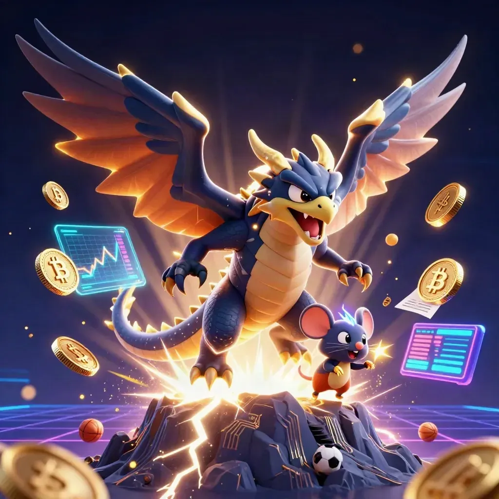 Thunder dragon, wind hawk and crackling mouse amid neon coins, bolts and sports props.