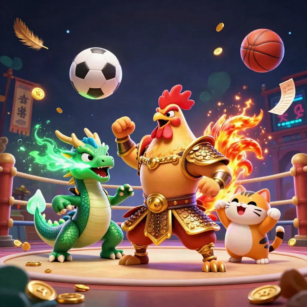 Ground-level rooster warrior, dragon hatchling and fortune-cat amid flying balls, coins and sparks.