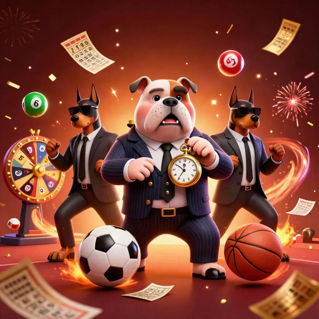 Bulldog boss and Dobermans amid casino prizes, confetti, fireworks, and glowing sports props.