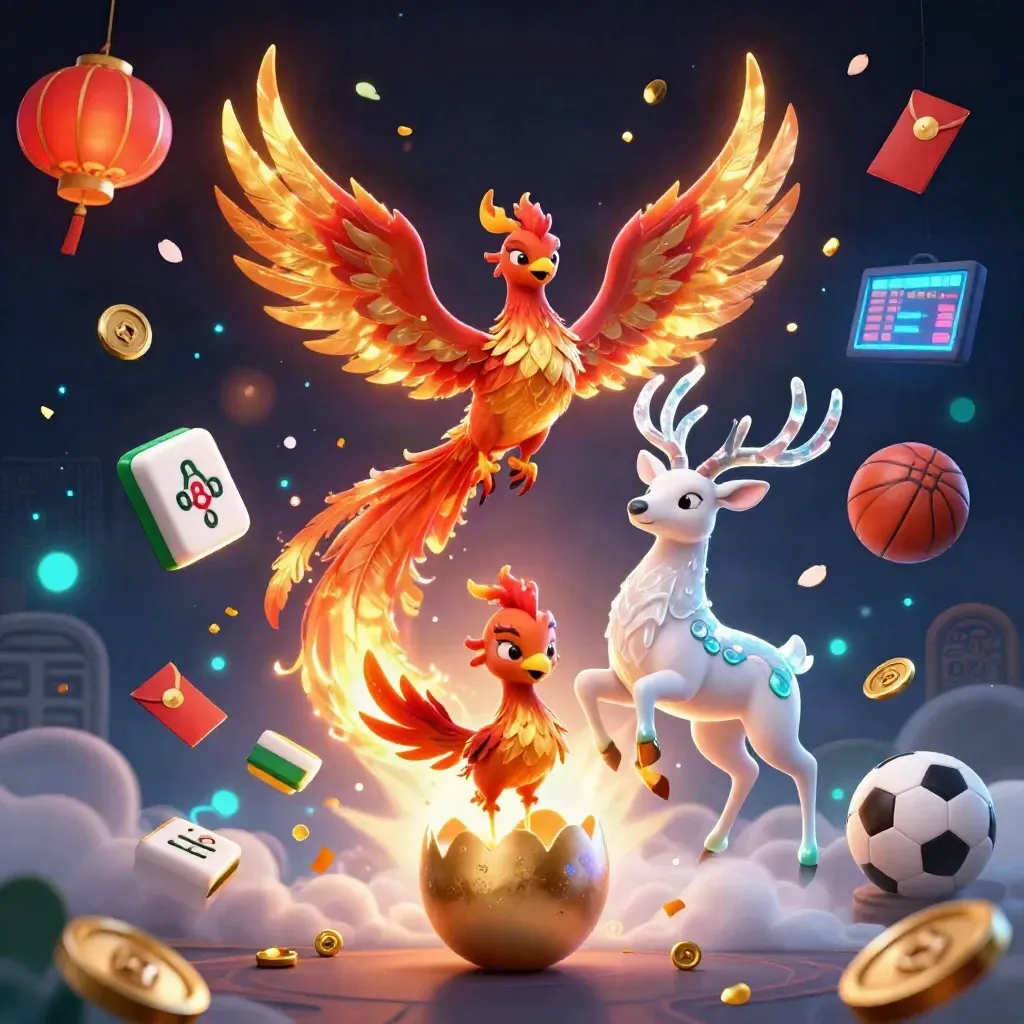 Fantasy casino key art: phoenix, baby phoenix, and crystalline stag amid neon betting props.