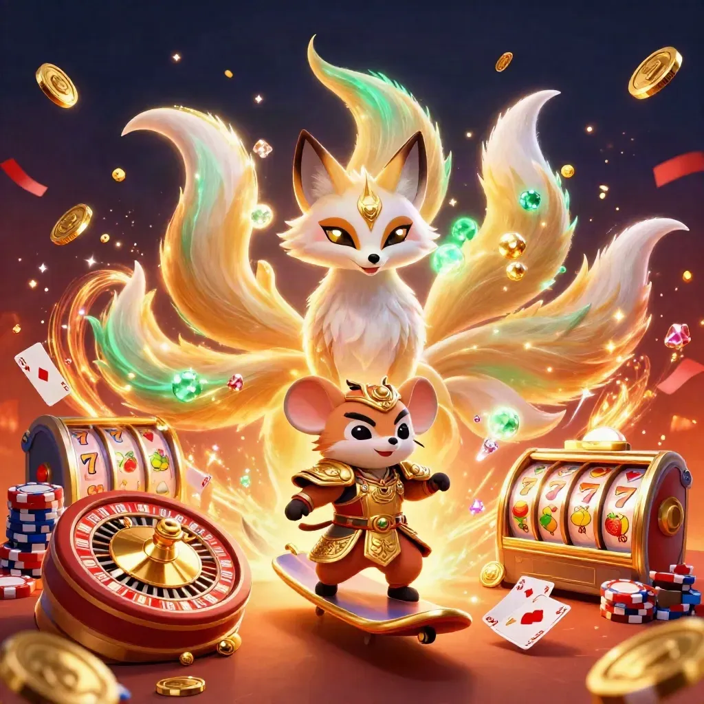 Nine-tailed fox spirit and armored mouse amid casino bonuses, coins, cards, chips, and glowing magic