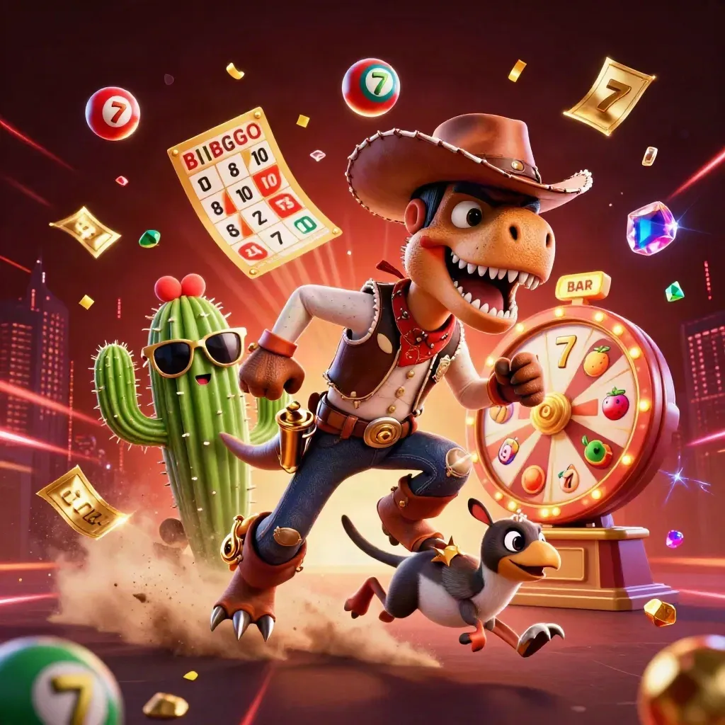 Cowboy T-Rex, cactus sidekick, and sheriff roadrunner with casino bursts on a neon skyline.