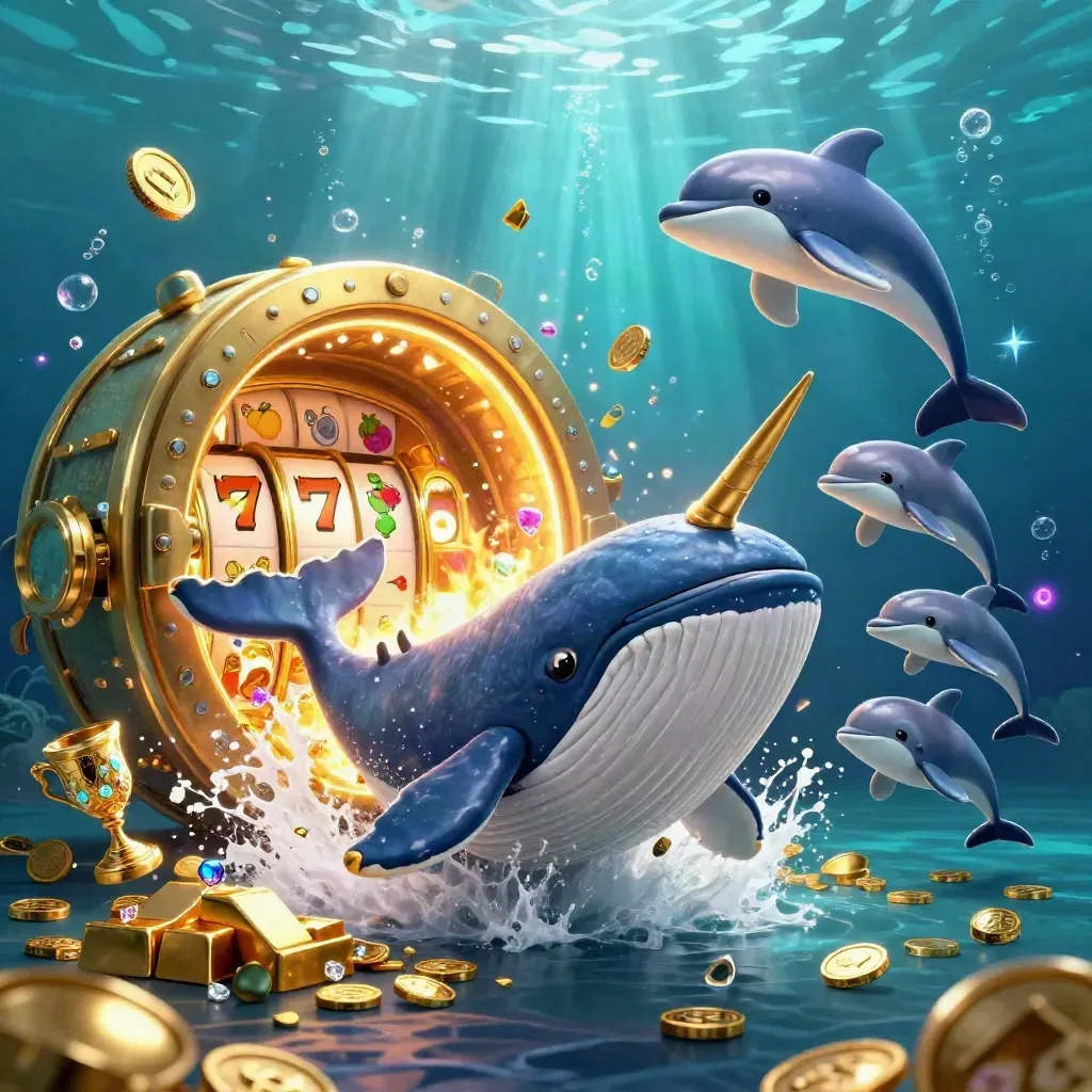 Captain whale, narwhal, and dolphins burst from coins around a glowing treasure vault.