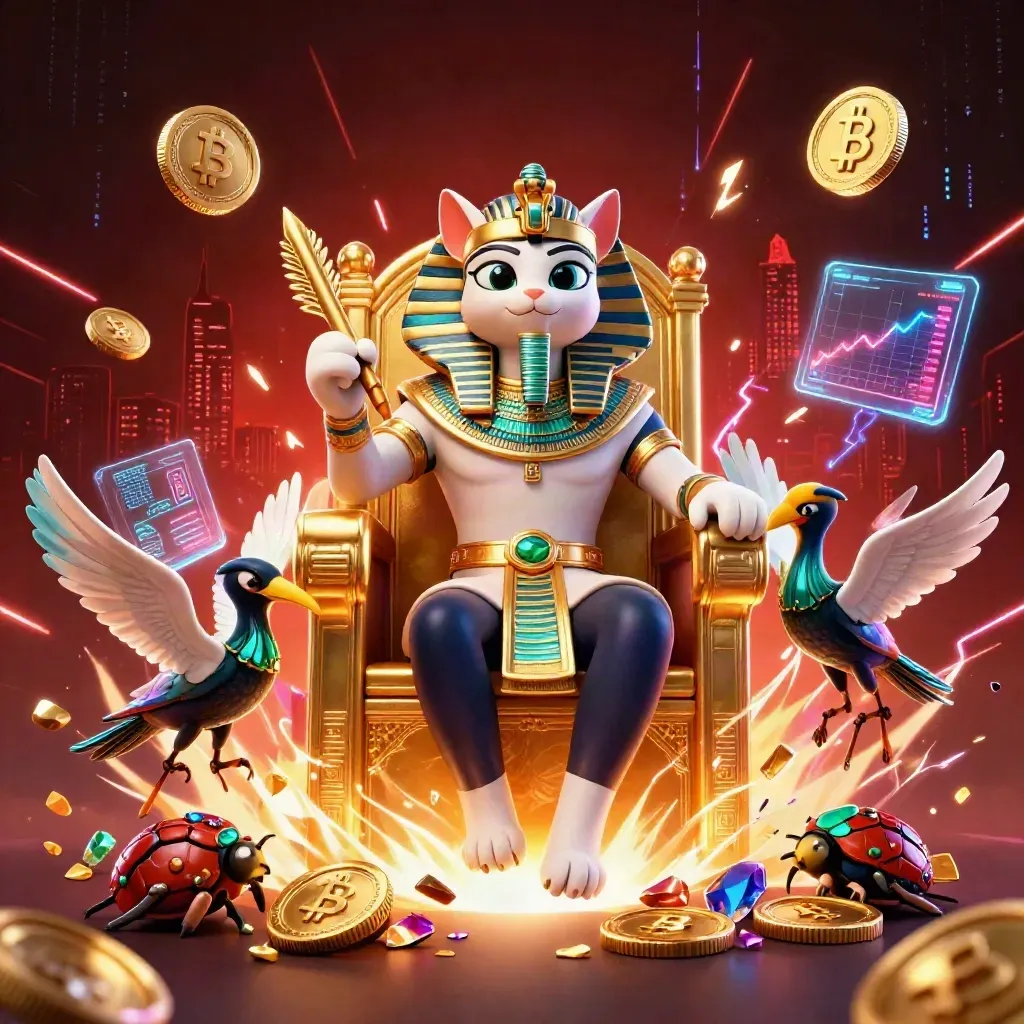 Pharaoh cat on golden throne with ibis scribe, scarab beetles, crypto coins, neon energy