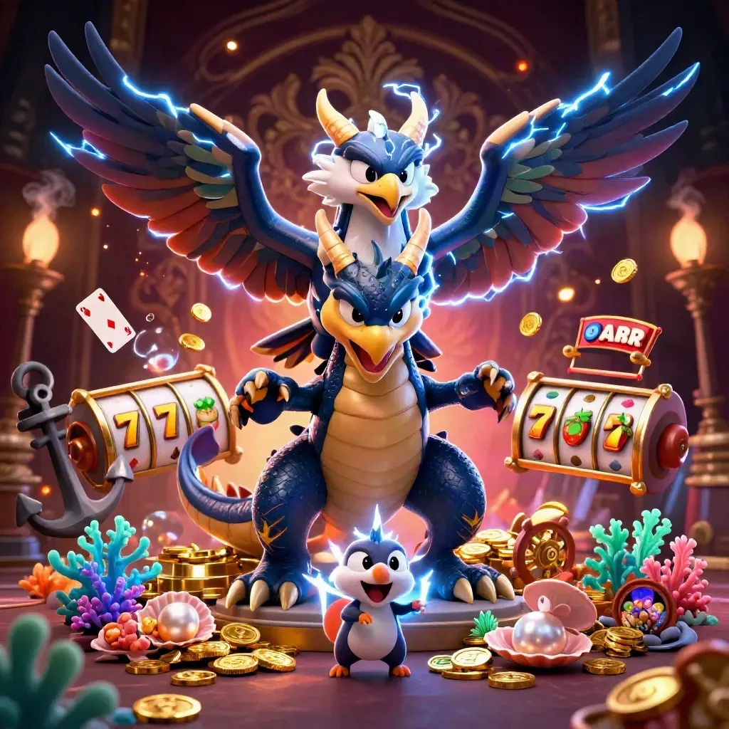 Thunder dragon, wind hawk and crackling mouse over casino treasure and slot symbols.