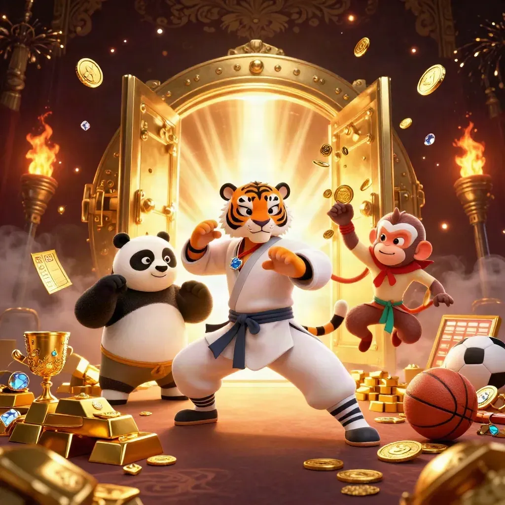 Kung-fu tiger trio amid a bursting vault, gold, gems, and casino-sports gear.