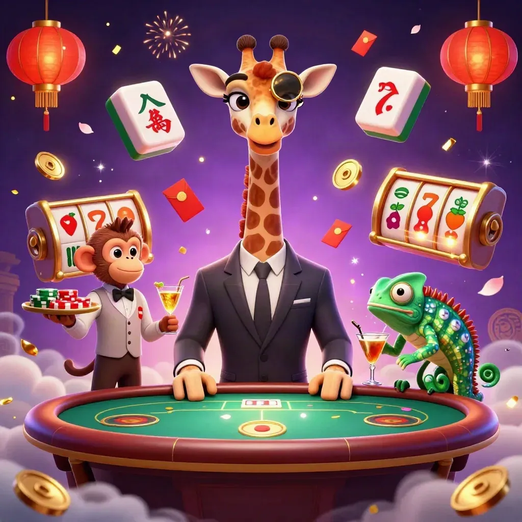 High-roller giraffe, monkey valet, and chameleon bartender around a glowing poker table with casino symbols.