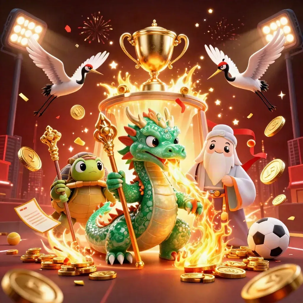 Emerald dragon, turtle sage and cranes amid coins, fireworks and casino glow.