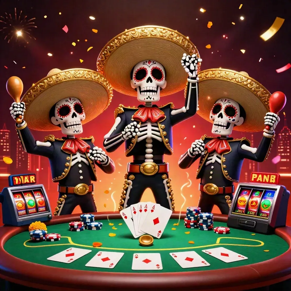 Three mariachi skeletons with casino props, fireworks, glowing skyline, and slot reels in a dramatic dark red scene.