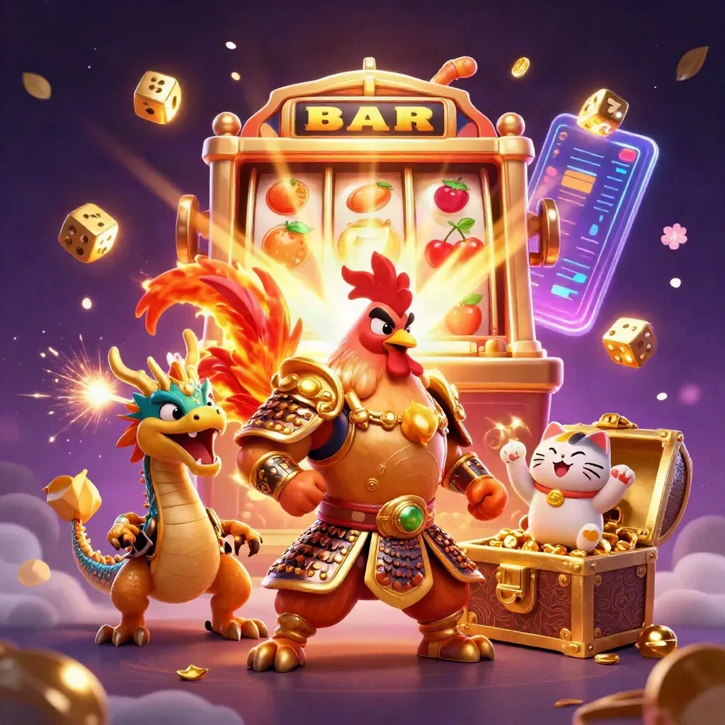 Rooster warrior, dragon hatchling, and lucky cat amid exploding slot jackpots and treasure.