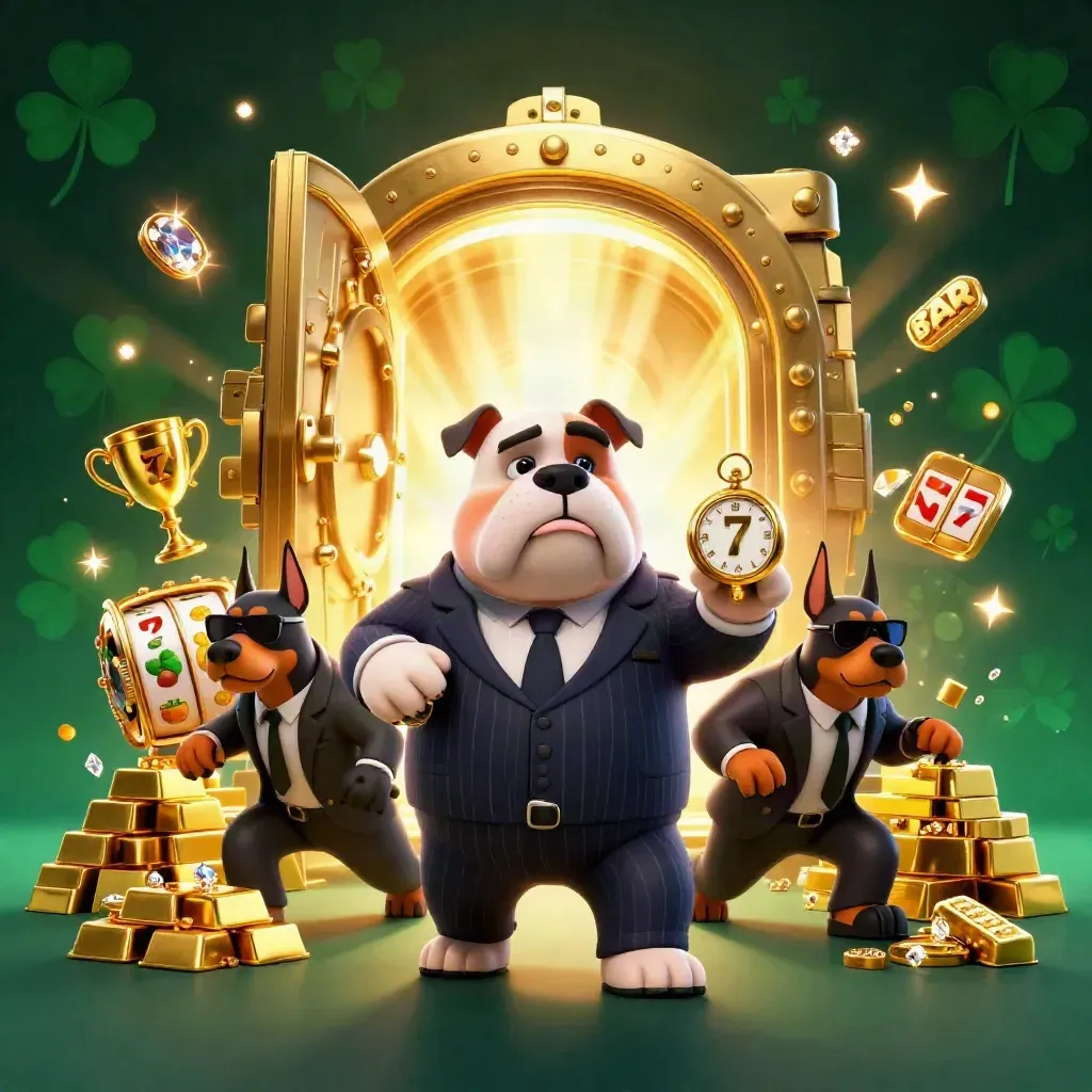 Bulldog boss and Doberman guards burst from a golden vault amid casino treasure and neon glow.