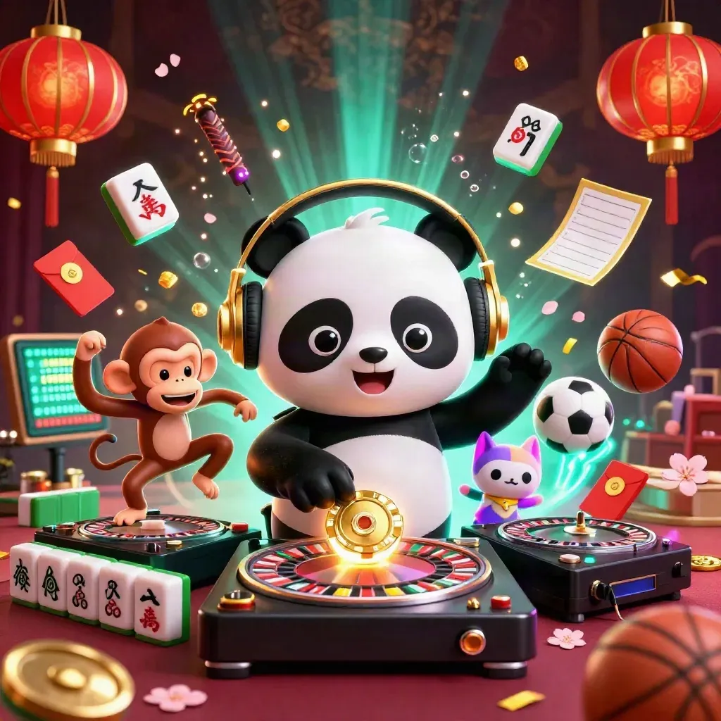 Panda DJ, breakdancing monkey and glow-stick kitten amid gold casino sparks and neon loot.