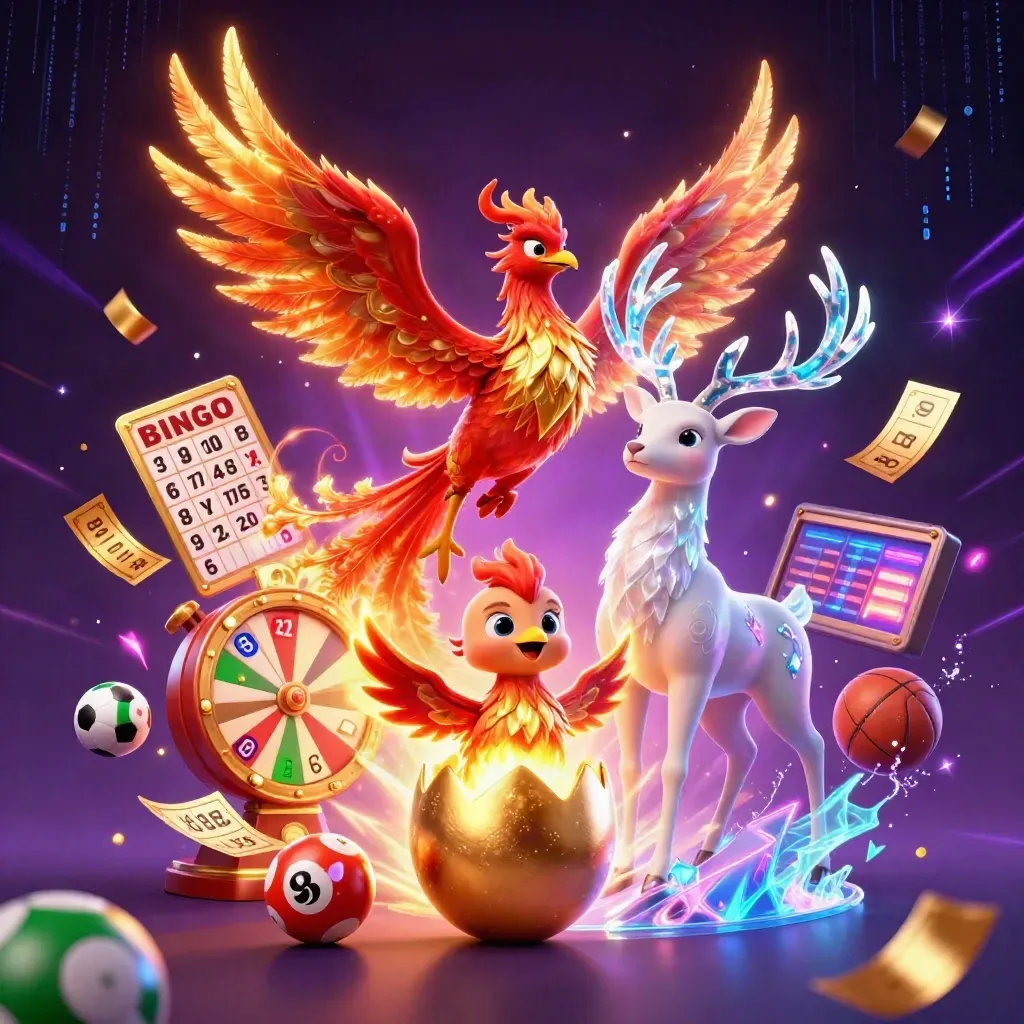 Phoenix, baby phoenix, and crystal stag amid casino bonus icons on a neon purple-gold backdrop.