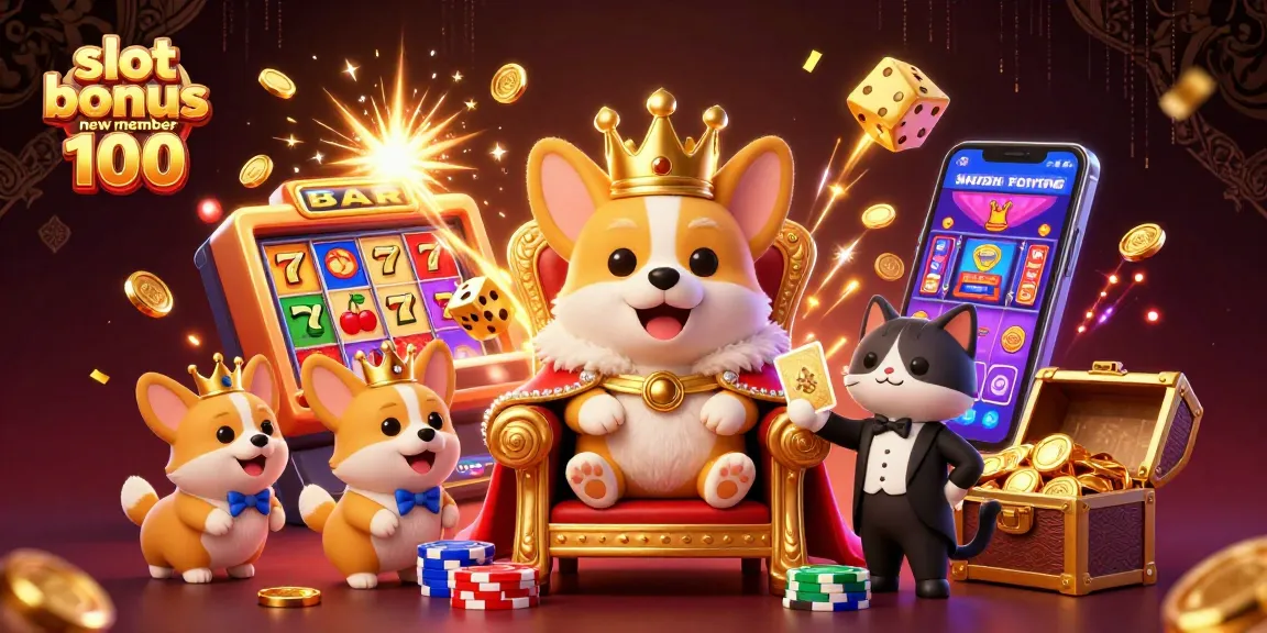 Experience the thrill of slot bonus new member 100 amidst a vibrant casino scene with corgis and rich visuals.