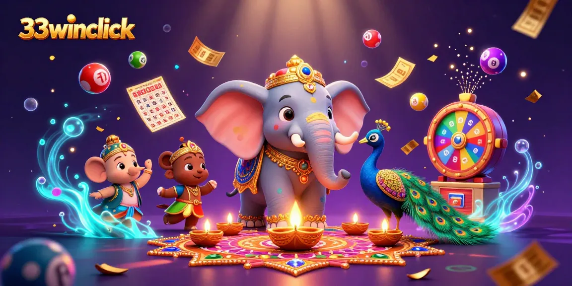 Win big with 33winclick's lively casino scene showcasing colorful games, lottery elements, and vibrant characters.