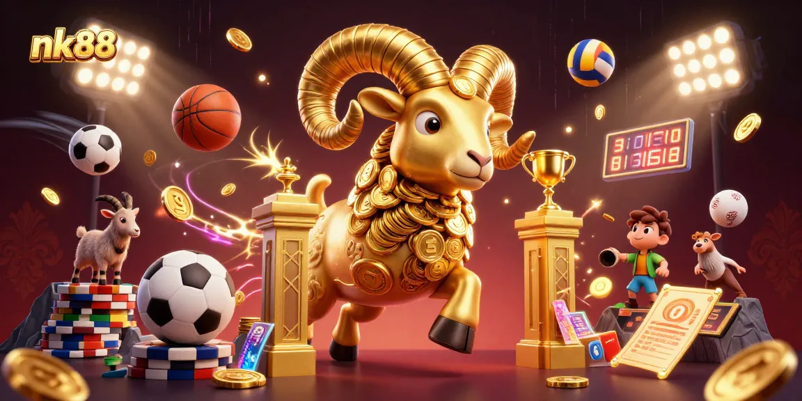 Engage with nk88's thrilling sports betting scene featuring dynamic sports balls and a golden ram.