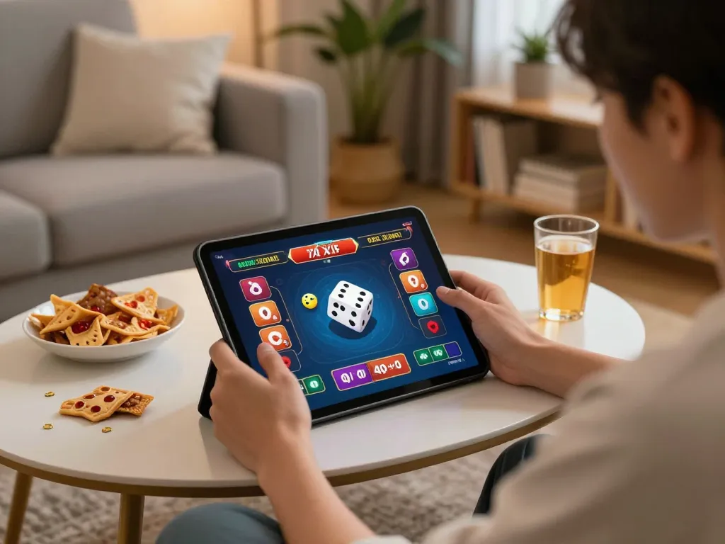 Tài Xỉu Online gaming session in a cozy home setting, with tablet displaying betting activity.
