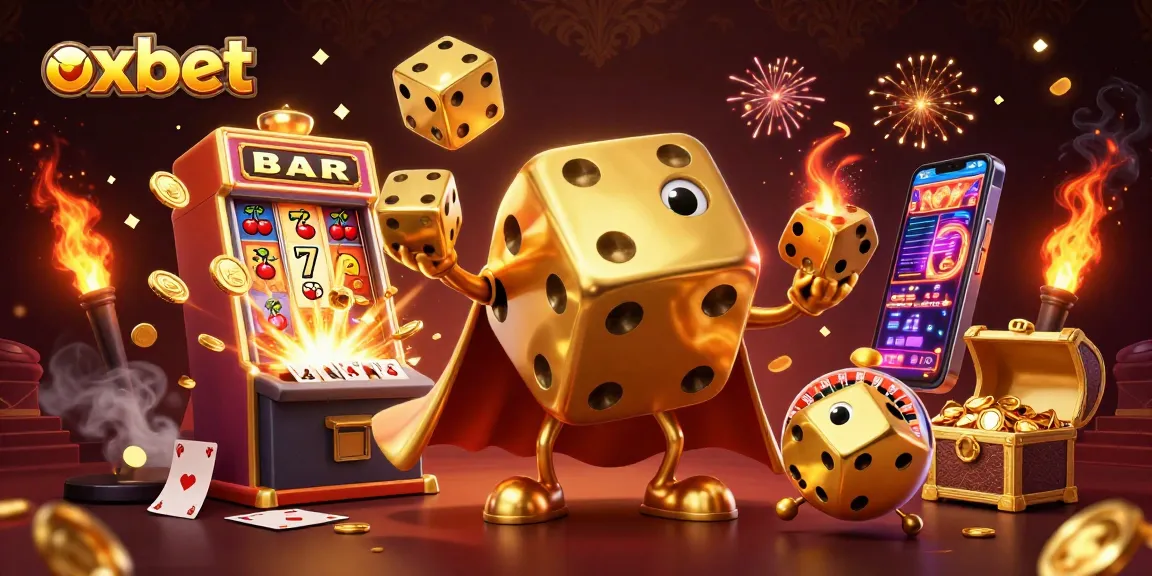 Experience thrilling gameplay at oxbet, featuring a vibrant illustration of a golden dice golem and exciting casino elements.