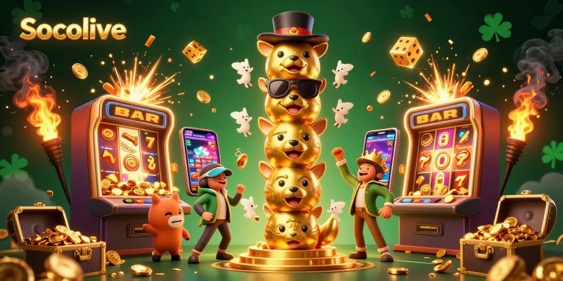 Socolive showcases an energetic casino scene with a golden totem, lively games, and festive confetti.