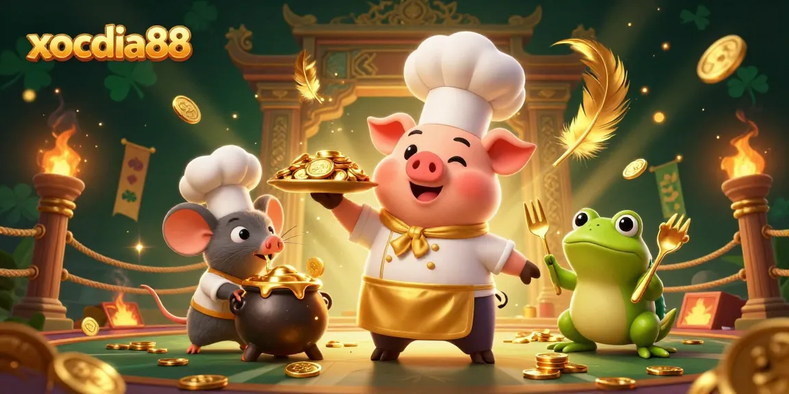 Experience the thrill of xocdia88 with a vibrant 3D casino scene featuring a chef pig and golden treasures.