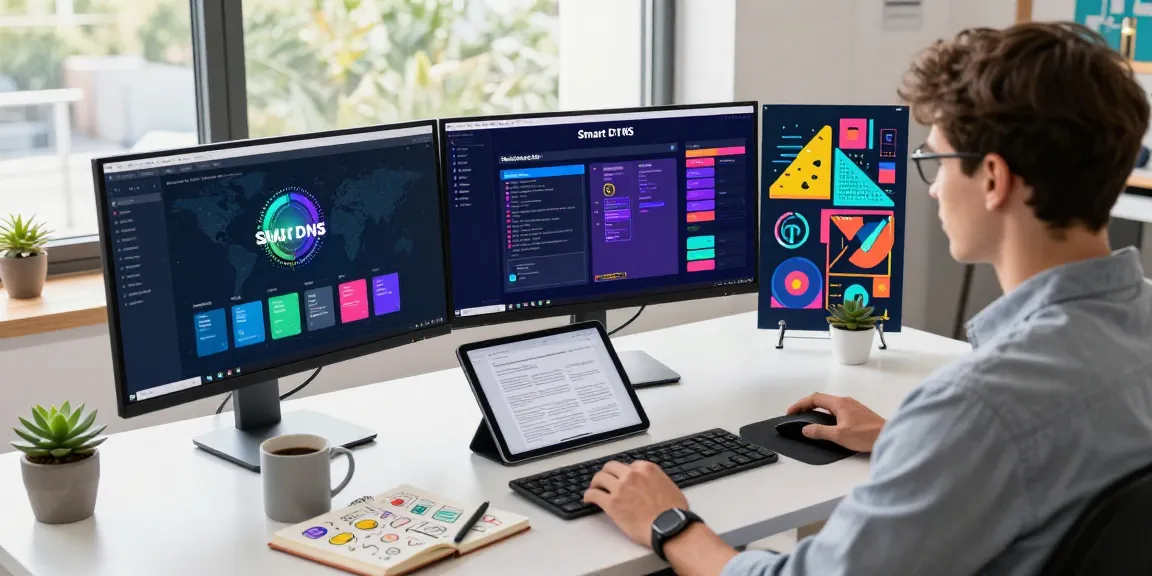 Geoblocking umgehen ohne VPN with innovative tech solutions at a contemporary workspace, displaying vibrant dashboard on multiple monitors.