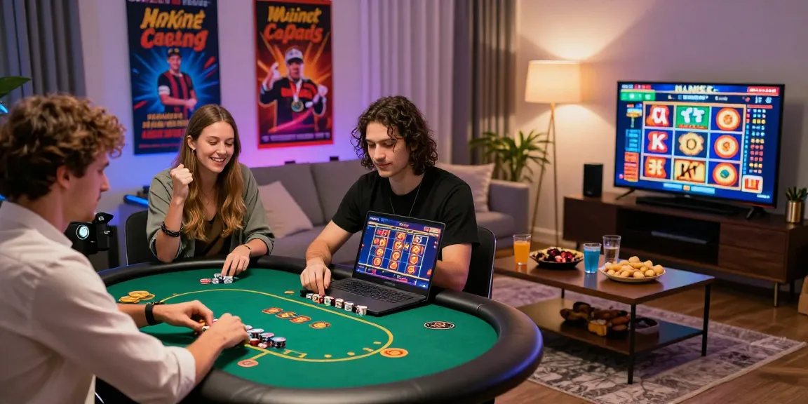 Australian online casinos scene with players celebrating wins at home, showcasing excitement and social gaming atmosphere.