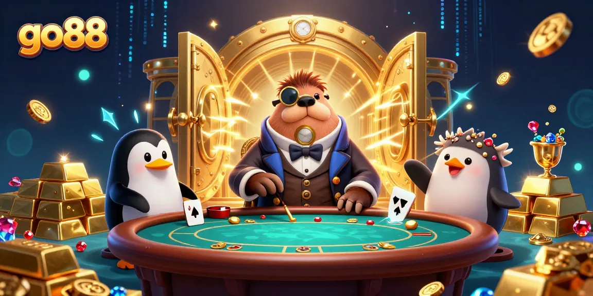 Engage with go 88 as a jolly walrus and dealer penguin enjoy a lively poker game amidst treasure!