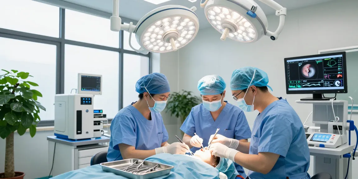 Patient undergoing 렌즈 삽입술 in a modern eye clinic with professional team and advanced technology.