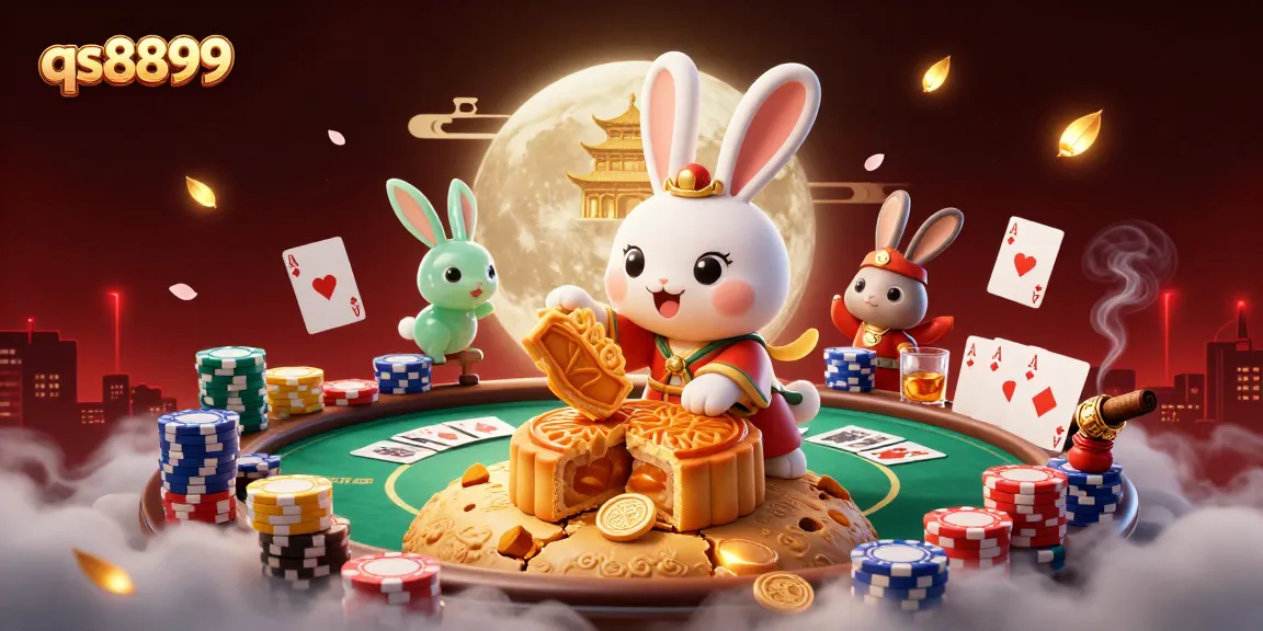 Experience the thrilling world of qs8899 casinos with a fantasy 3D illustration featuring poker and moon rabbits.