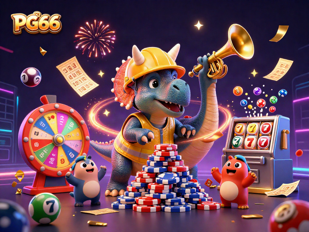 PG66 showcases a vibrant 3D scene of a triceratops building poker chip towers amid lottery excitement.
