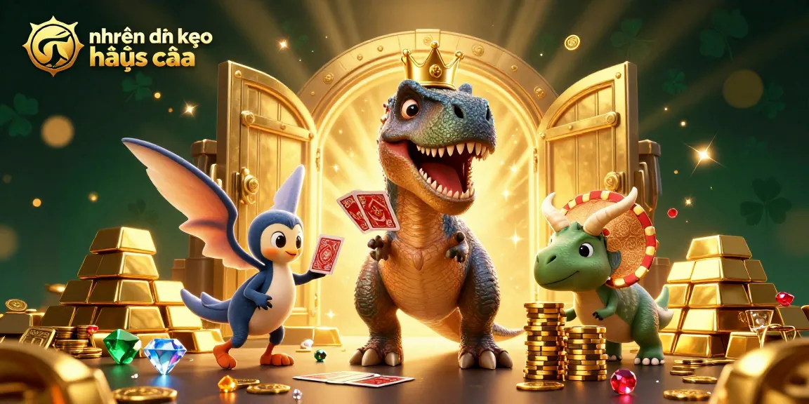Engaging scene depicting nhận định kèo nhà cái with T-Rex and friends enjoying casino games.