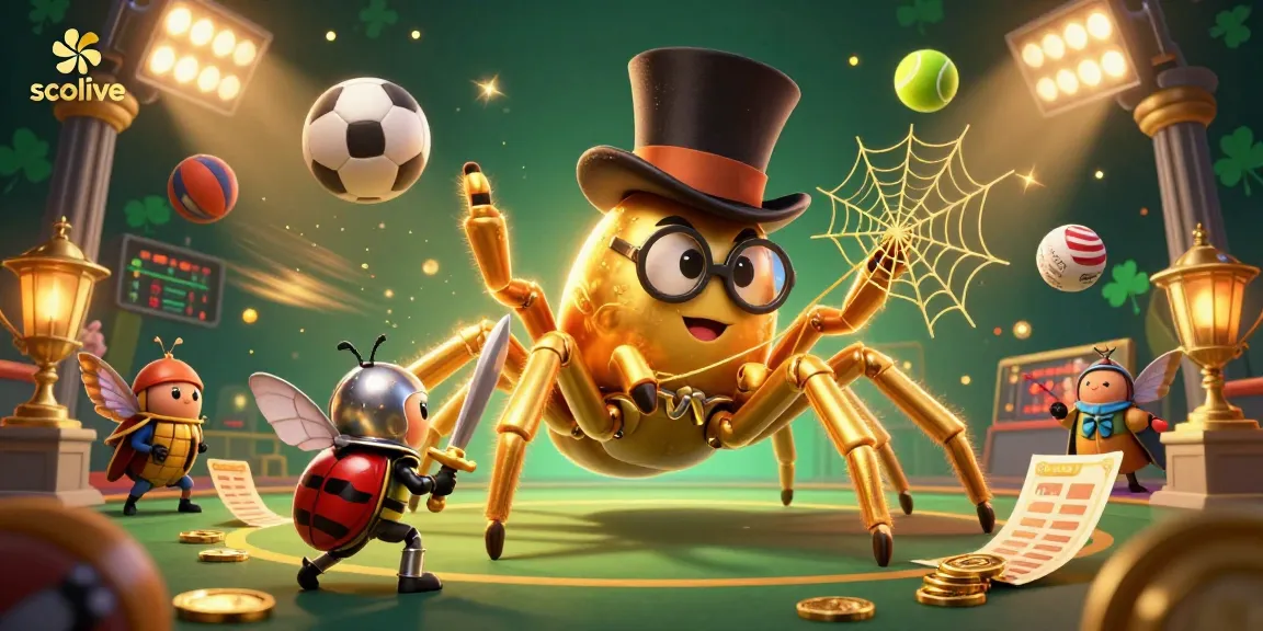 Socolive presents a vibrant 3D scene with a golden tarantula weaving a golden web in a casino setting.