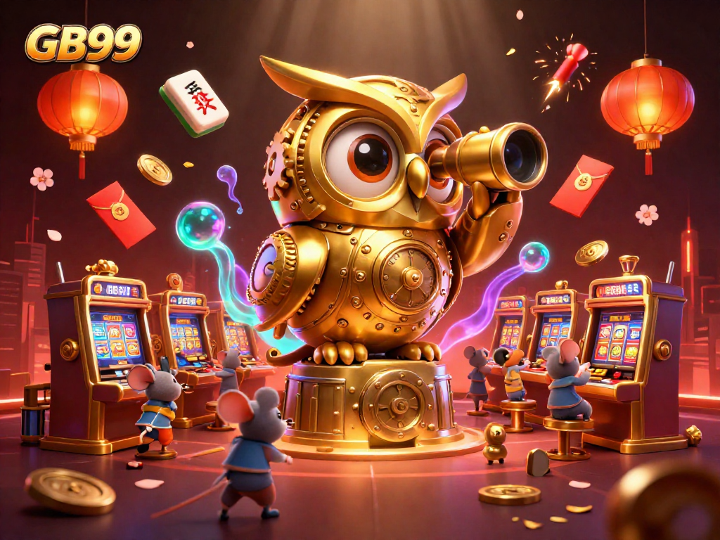Experience thrilling gaming with GB99 as the golden owl surveys the bustling casino floor.
