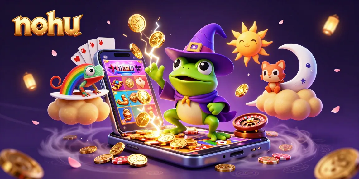 Engage with the nohu casino magic featuring a wizard frog, chameleon, and exciting game elements.