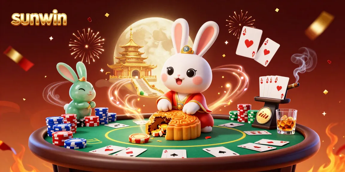 Sunwin showcases a vibrant casino scene with a moon rabbit character playing with poker chips amidst brilliant fireworks.