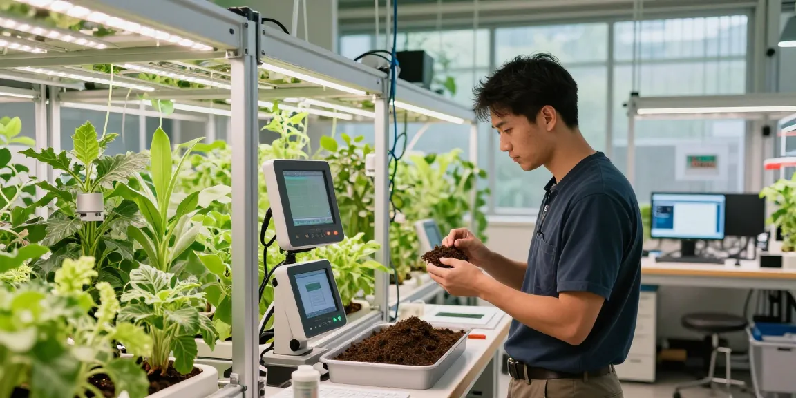 Indoor agriculture professional testing soil quality at CIKA4D facility.