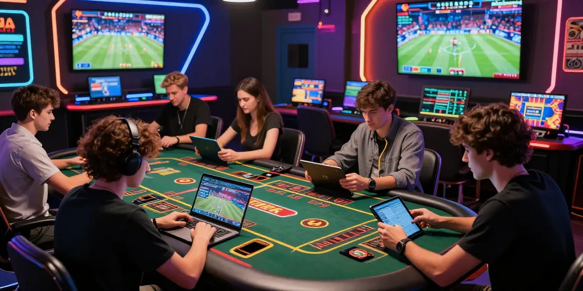 Exciting gaming atmosphere at https://bl555.solutions/ with players using devices, modern casino tables, vibrant lights.