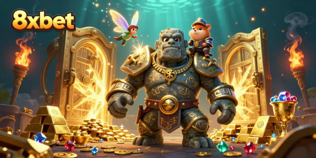 Experience thrilling gaming with 8xbet, featuring magical characters and golden treasures.