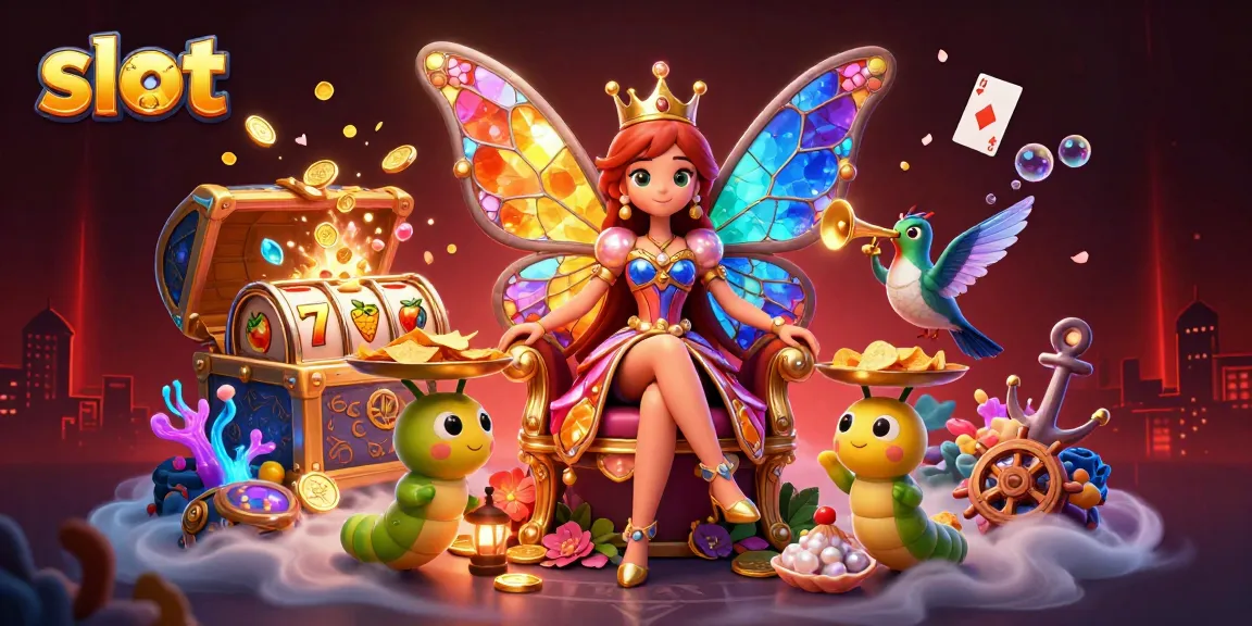 Experience thrilling slot gameplay with a whimsical cartoon butterfly queen and vibrant game elements.