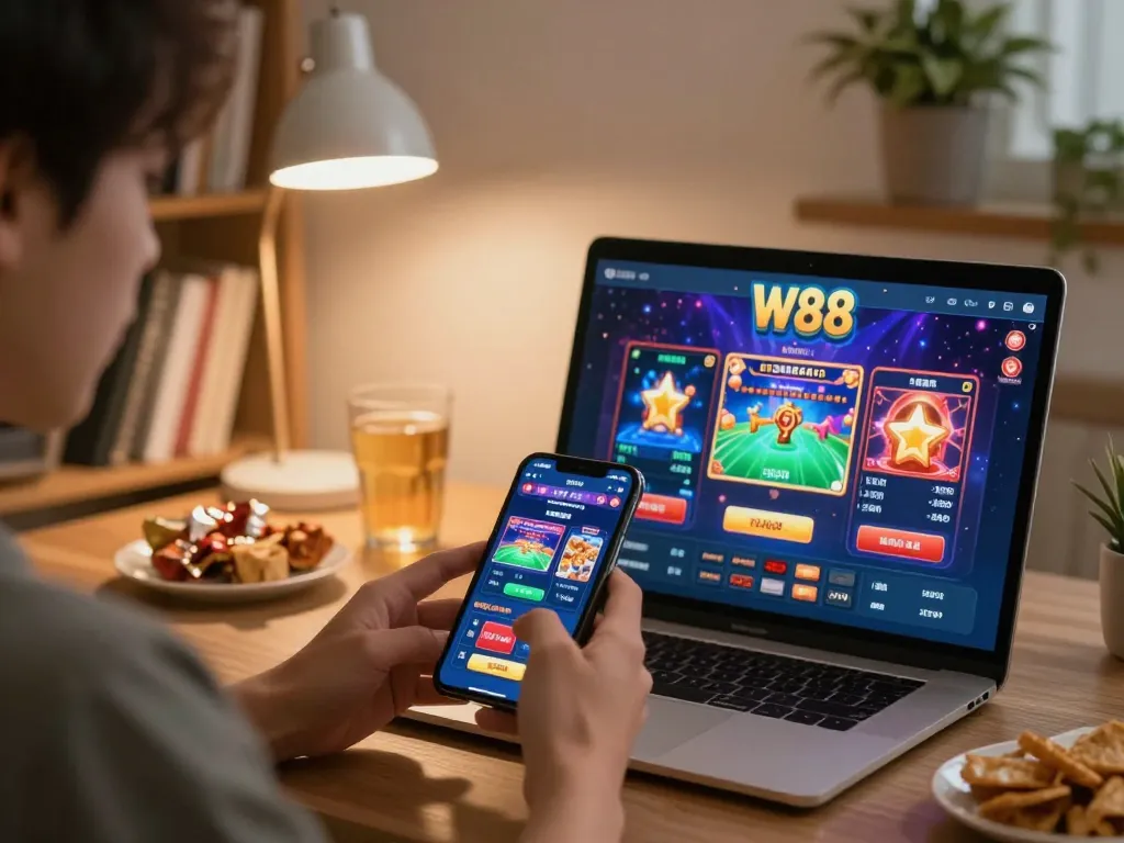 W88 app interface displayed on smartphone during user’s exciting online gaming session at home.