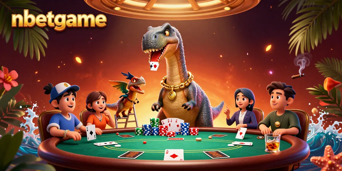 Betting scene featuring nbetgame's vibrant poker table with dynamic characters and casino elements.