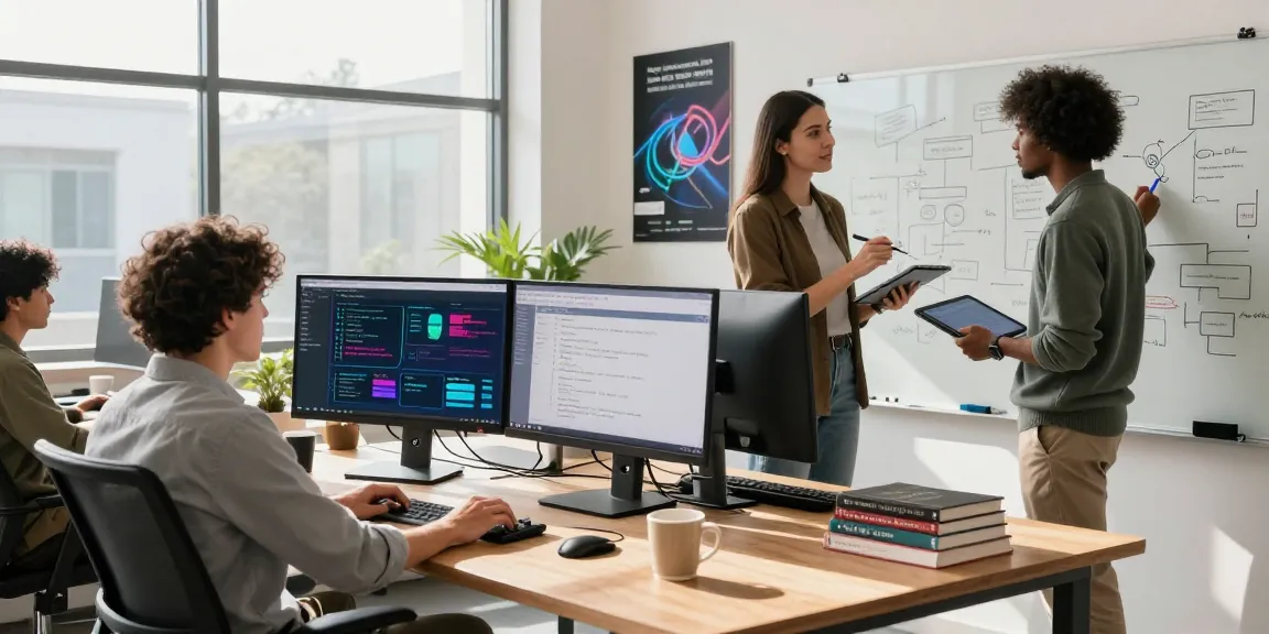 Team collaborating to build internal tools with AI in a modern tech workspace.